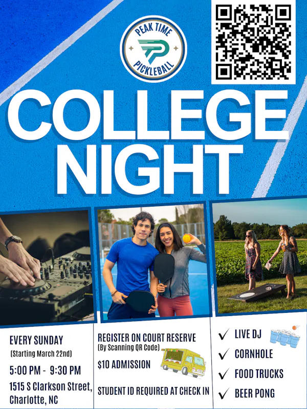 College Night at Peak Time Pickleball flyer